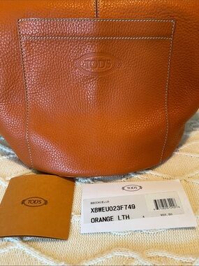 Tod's Orange Pebbled Leather Shoulder Tote with Front Pocket AUTHENTIC